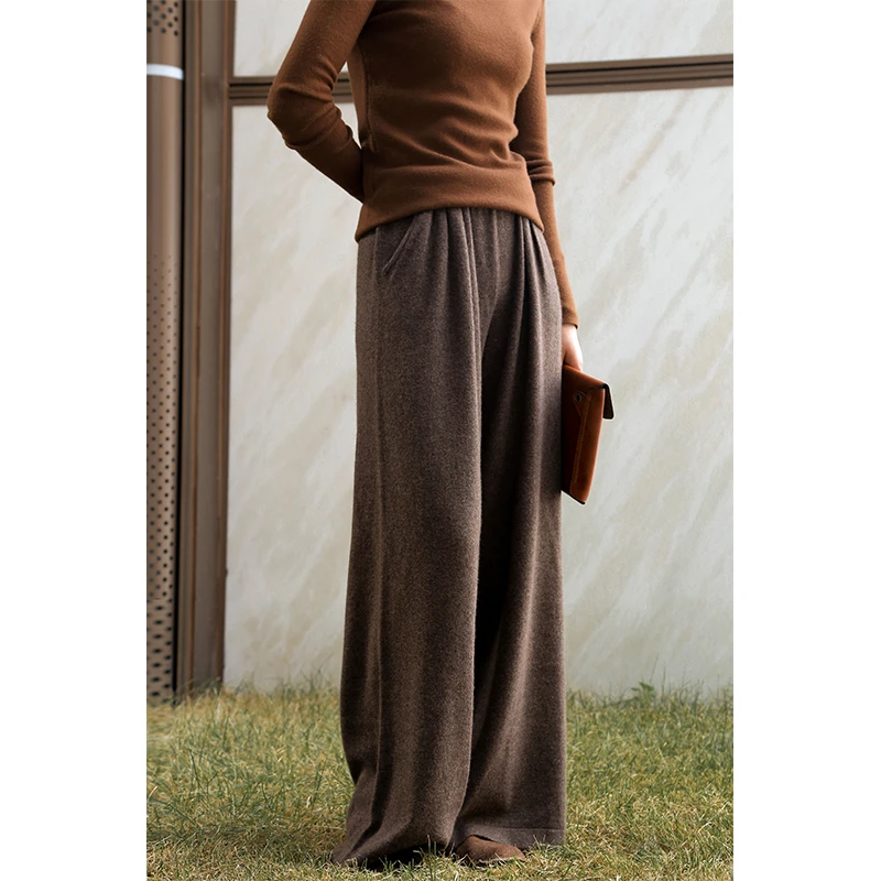 Runbo/润帛针织羊绒嵌边垂感休闲宽松阔腿拖地长裤