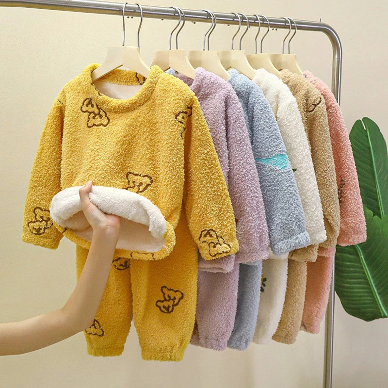 儿童毛绒睡衣暖暖套装家居服长袖秋冬外穿男女宝宝加绒加厚保暖服