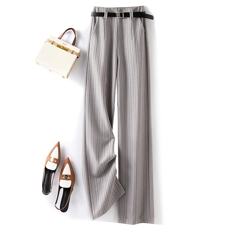 灰色条纹西装裤女春夏薄款高腰显瘦直筒裤冰丝垂感宽松窄版阔腿裤