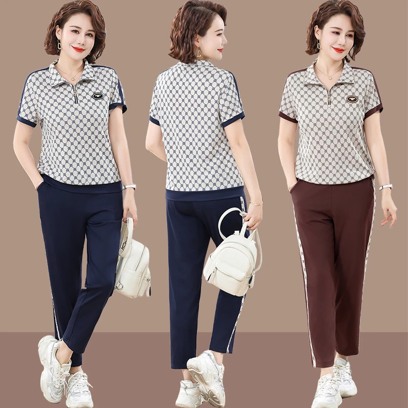 母亲节夏季夏装短袖t恤洋气高贵运动服中老年运动套装女夏两件套