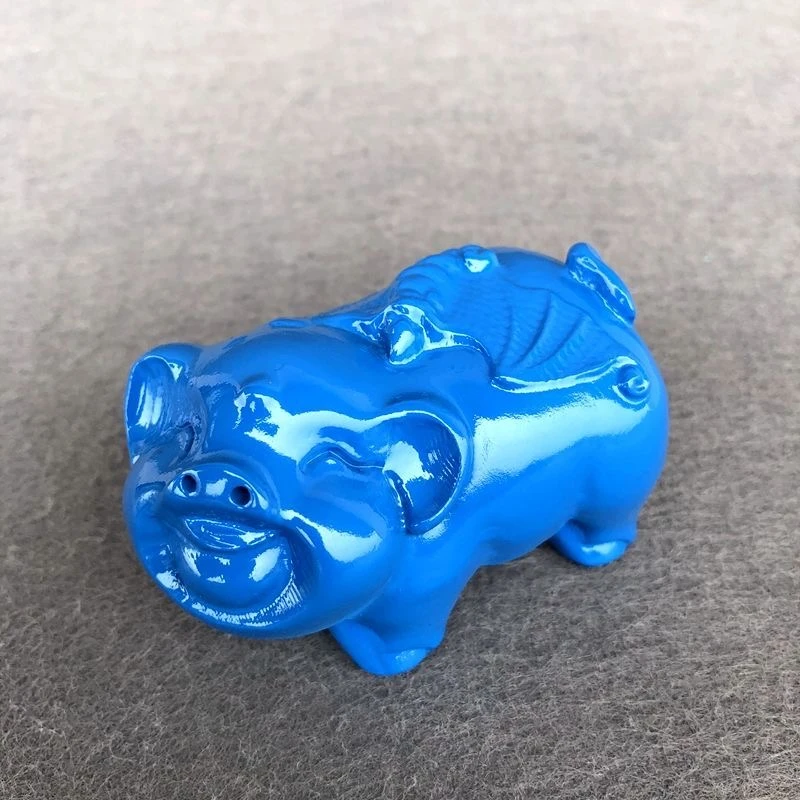 蓝色木雕猪摆件实木质雕刻十二生肖福猪动物客厅家居装饰红工艺品