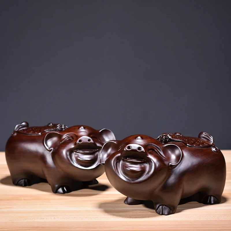 黑檀木雕猪摆件工艺品大号实木质十二生肖猪红木家居客厅装饰送礼