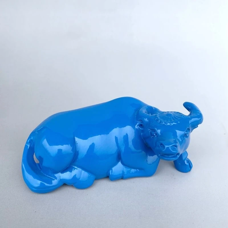 蓝色木雕卧牛摆件木制十二生肖水牛家居电视柜装饰红木工艺品送礼