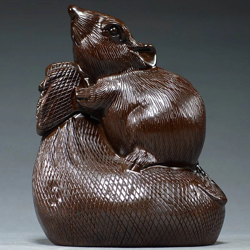 黑檀实木质雕刻十二生肖老鼠钱袋摆件家居客厅玄关装饰红木工艺品