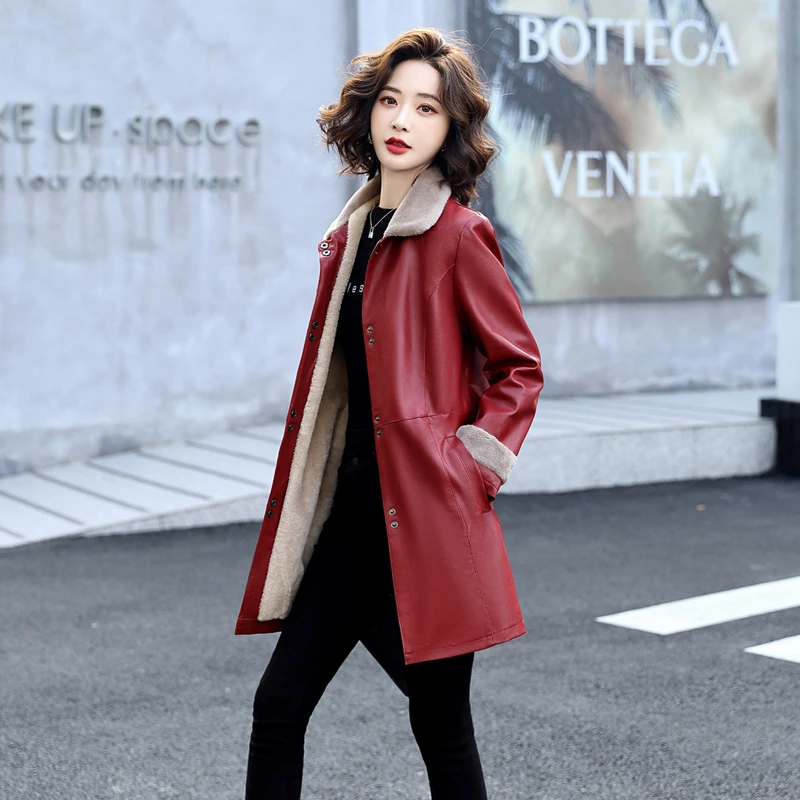 秋冬季女士加绒加厚皮衣中长款外套女妈妈装1