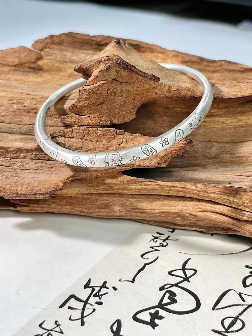 足银手镯 [假一罚四]足银999光面招财猫手镯手工百搭复古简约古法