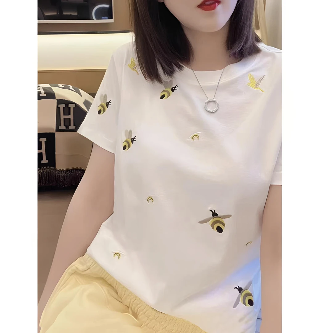 重工刺绣蜜蜂冰丝针织衫女夏季新款时尚圆领白色短袖T恤套头上衣