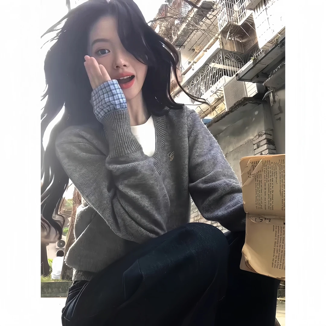 慵懒风假两件套头毛衣女秋冬穿搭内搭打底长袖上衣宽松灰色针织衫