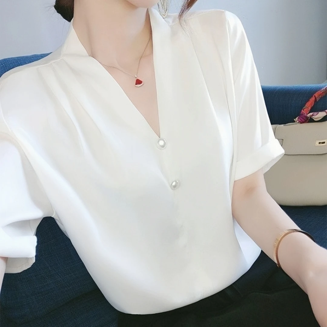 夏装新款气质白色V领缎面雪纺衬衫女设计感显瘦钉珠衬衣短袖上衣