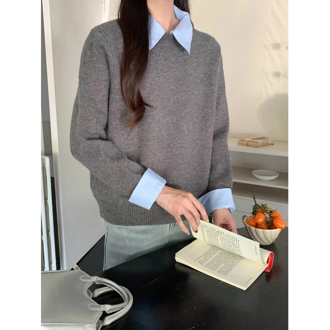 灰色假两件套头针织毛衣女秋冬季新款polo领长袖宽松拼接打底上衣