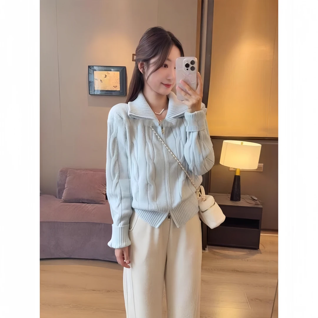 秋冬新款软糯慵懒风双拉链高领毛衣女韩版显瘦麻花内搭打底针织衫