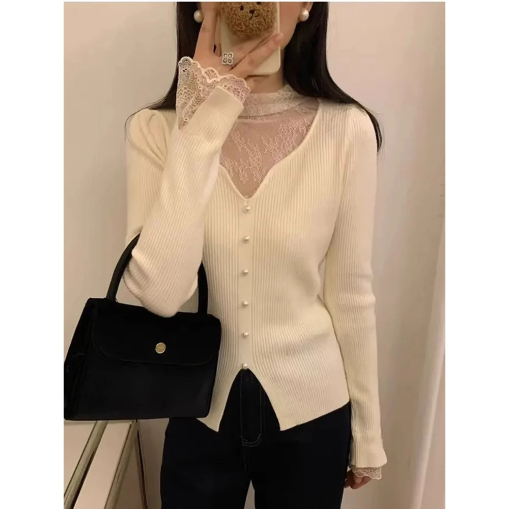 设计感蕾丝拼接半高领修身针织衫新款套头内搭上衣显瘦打底衫女