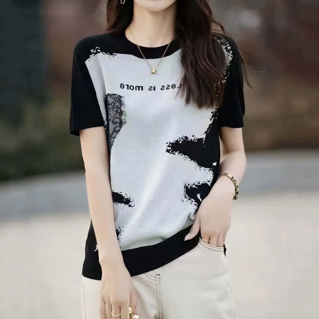 新款夏装蕾丝拼接字母冰丝针织衫女艺术提花宽松短袖T恤圆领上衣
