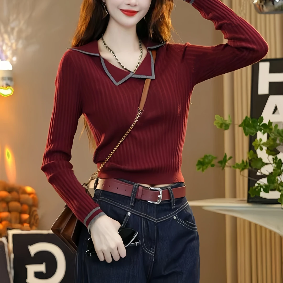 时尚翻领撞色短款针织衫女秋装新款显瘦内搭毛衣百搭打底长袖上衣