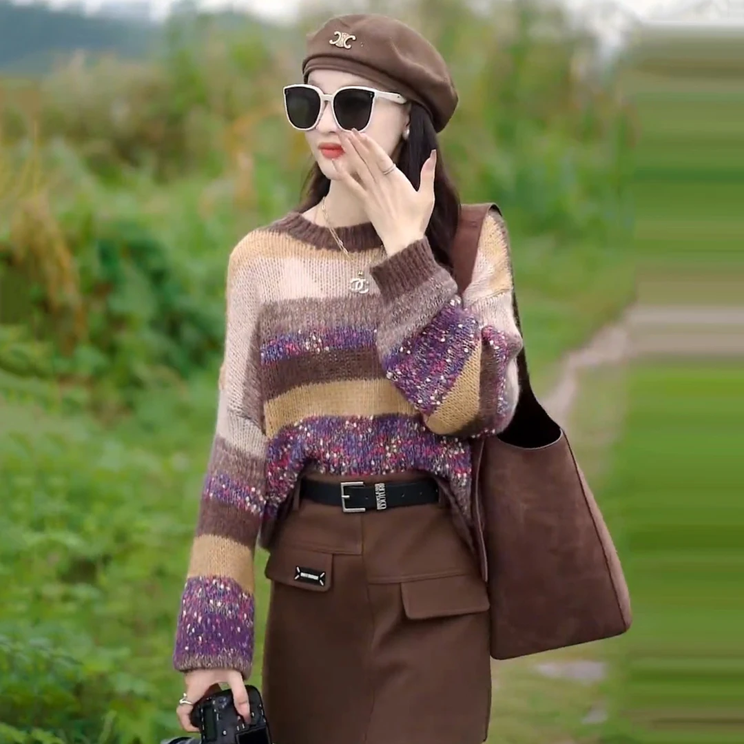 洋气减龄慵懒风彩虹条纹软糯套头毛衣女秋冬新款宽松针织长袖上衣