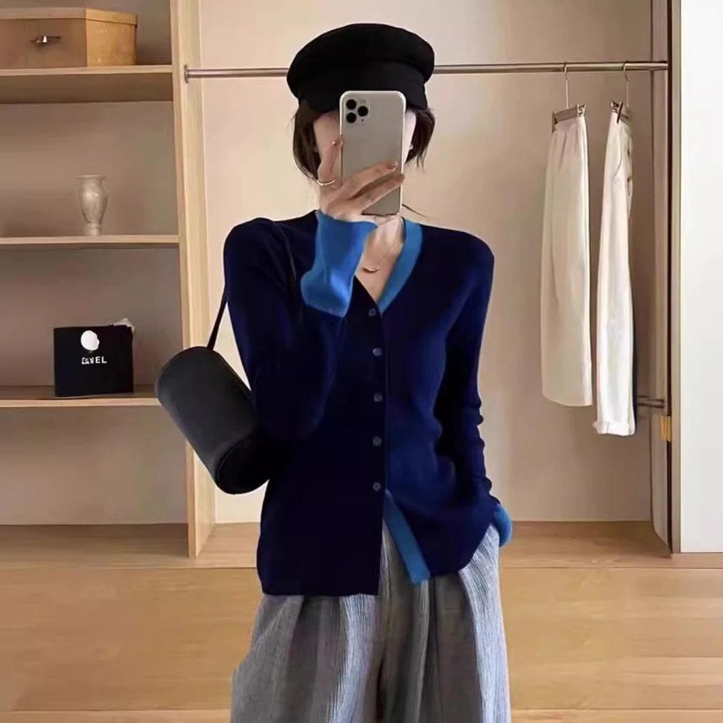 韩版气质拼色V领针织开衫女秋季新款显瘦长袖内搭打底拼接上衣潮
