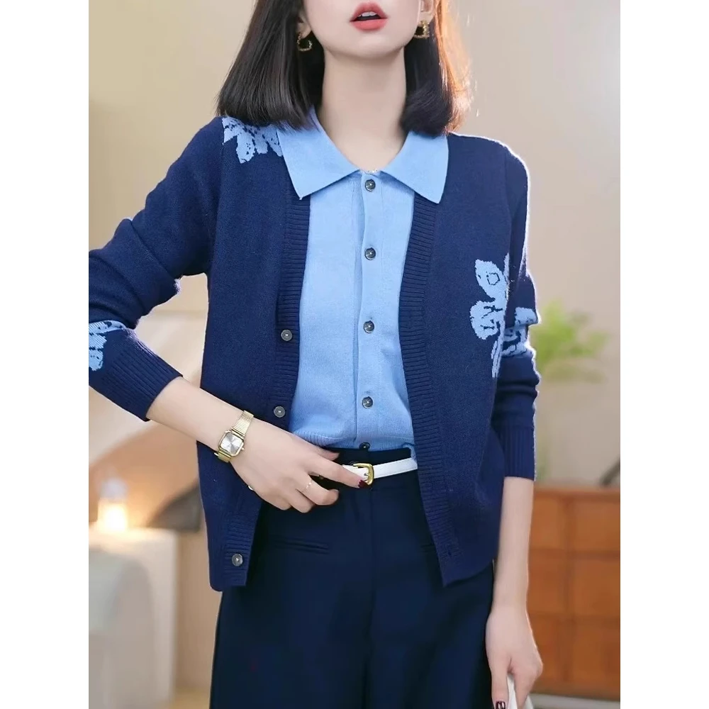 高级感假两件提花花朵针织衫女秋冬新款气质撞色百搭毛衣长袖上衣