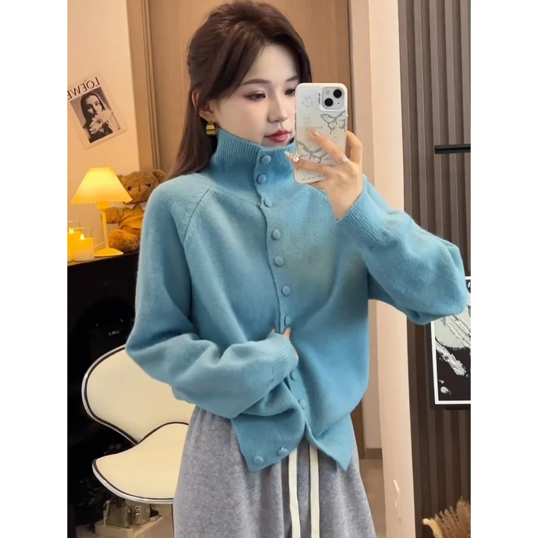 慵懒风保暖高领单排扣针织开衫秋装新款宽松显瘦百搭毛衣长袖上衣