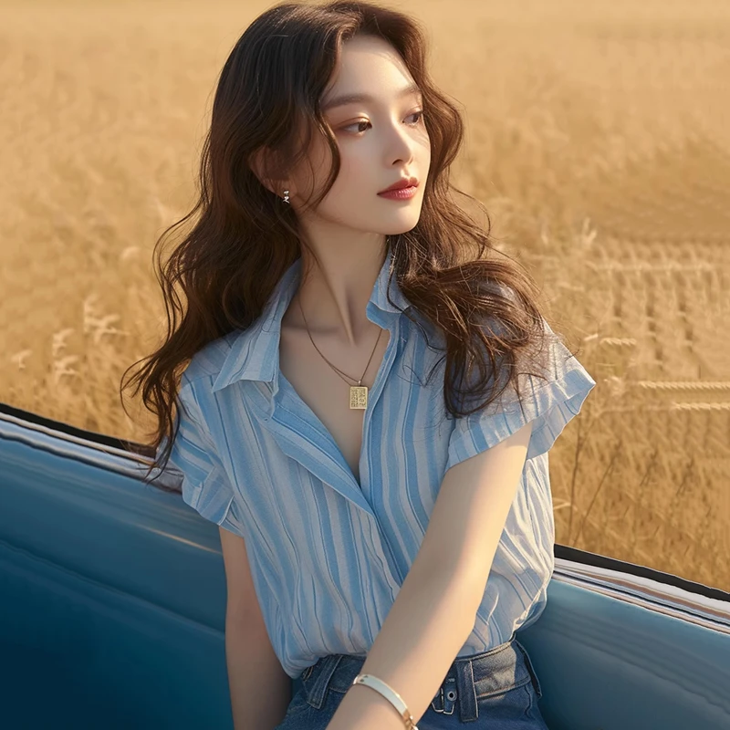 气质POLO领蓝色短袖条纹衬衫女夏季新款轻熟法式宽松显瘦上衣小衫