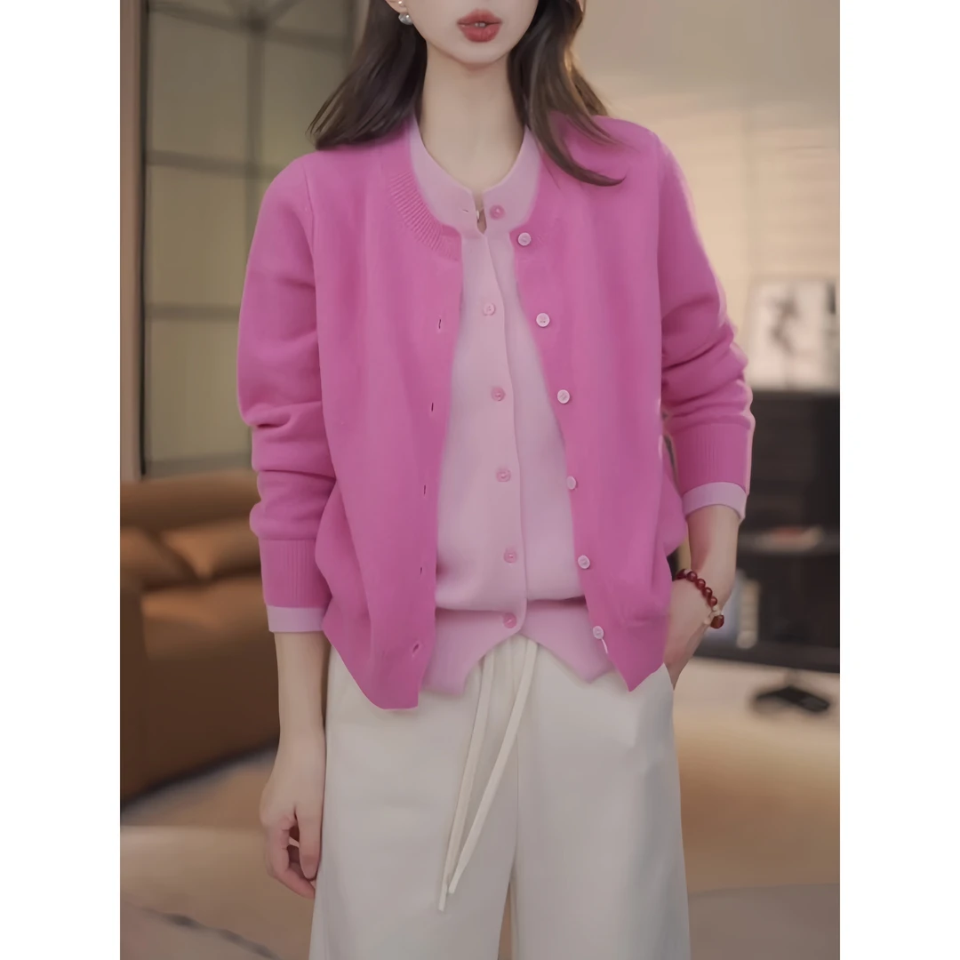 秋冬新款撞色假两件长袖针织开衫设计感显瘦百搭毛衣显瘦外穿上衣