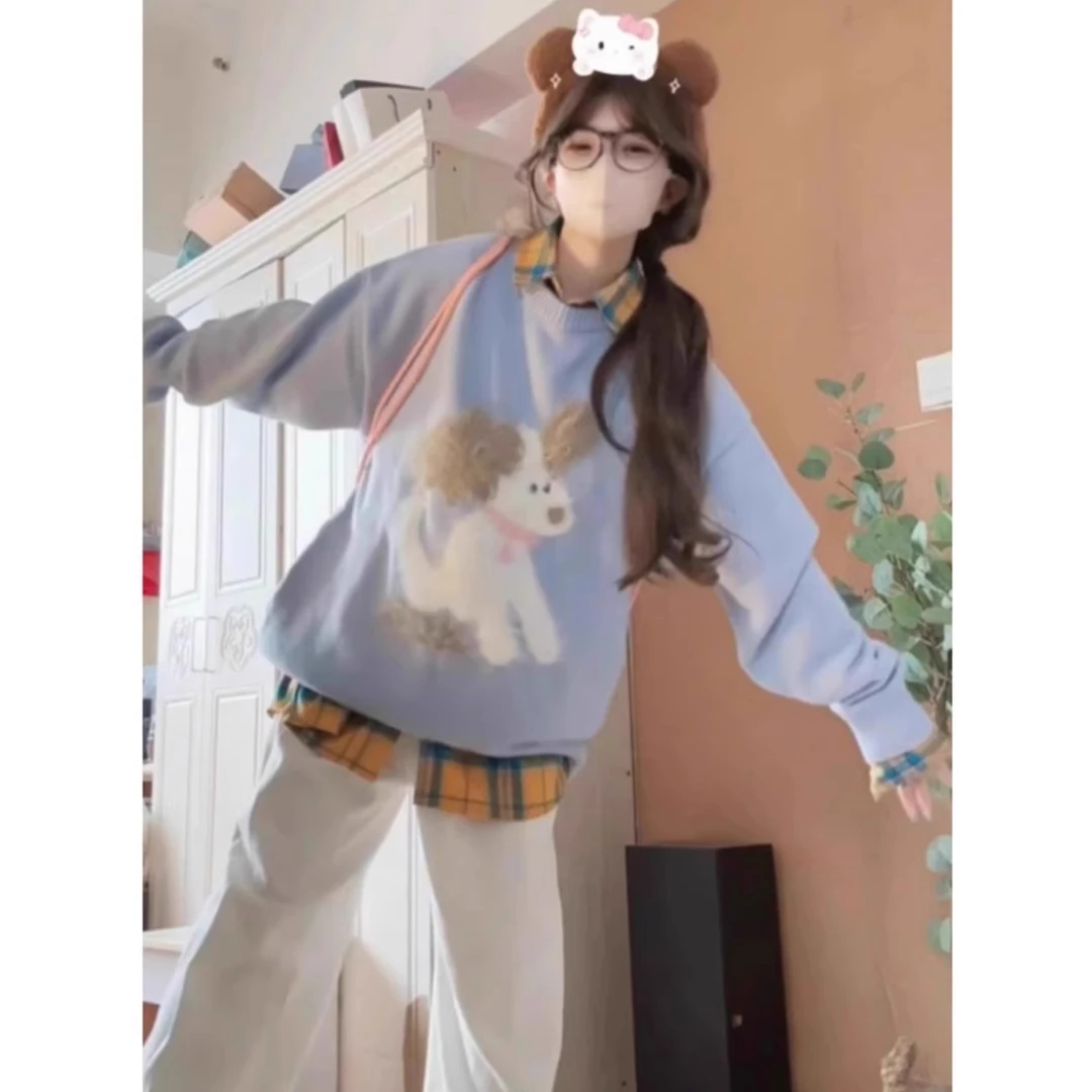 韩系软糯卡通小狗提花毛衣秋冬新款慵懒风套头针织衫圆领长袖上衣