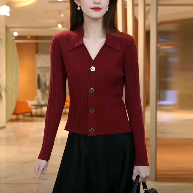 安可拉红polo领针织开衫女秋装新款时尚长袖修身打底短款毛衣上衣