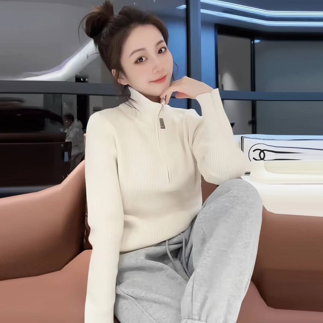 秋装新款半高领拉链打底内搭毛衣女时尚洋气显瘦长袖针织衫上衣潮