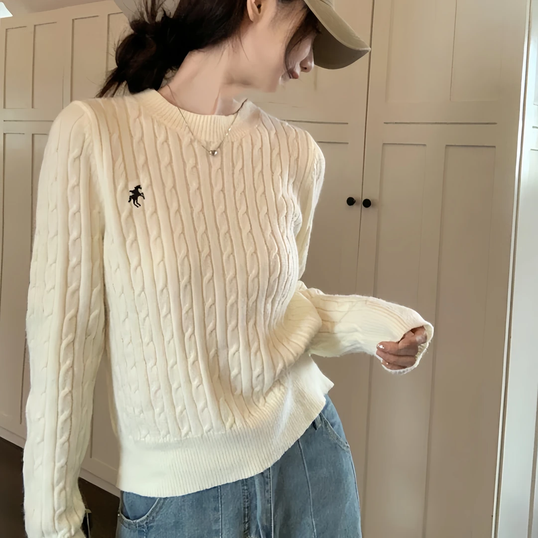 秋冬新款圆领刺绣麻花毛衣长袖针织衫设计感显瘦长袖内搭打底衫女