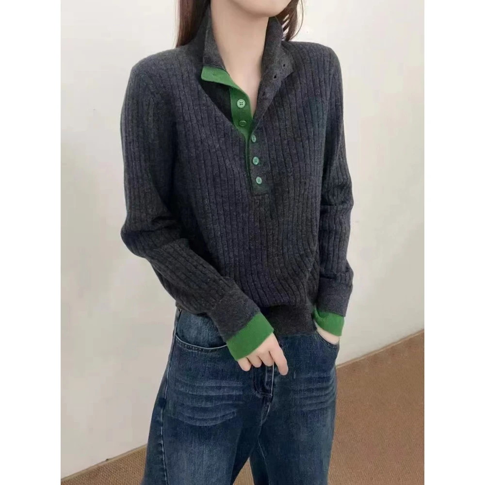韩版减龄撞色立领半开扣假两件针织衫秋冬新款显瘦竖坑条毛衣上衣