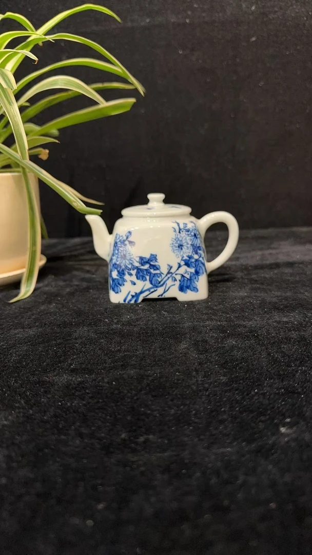 景德镇高温陶瓷茶具手工手绘青花菊花四方壶