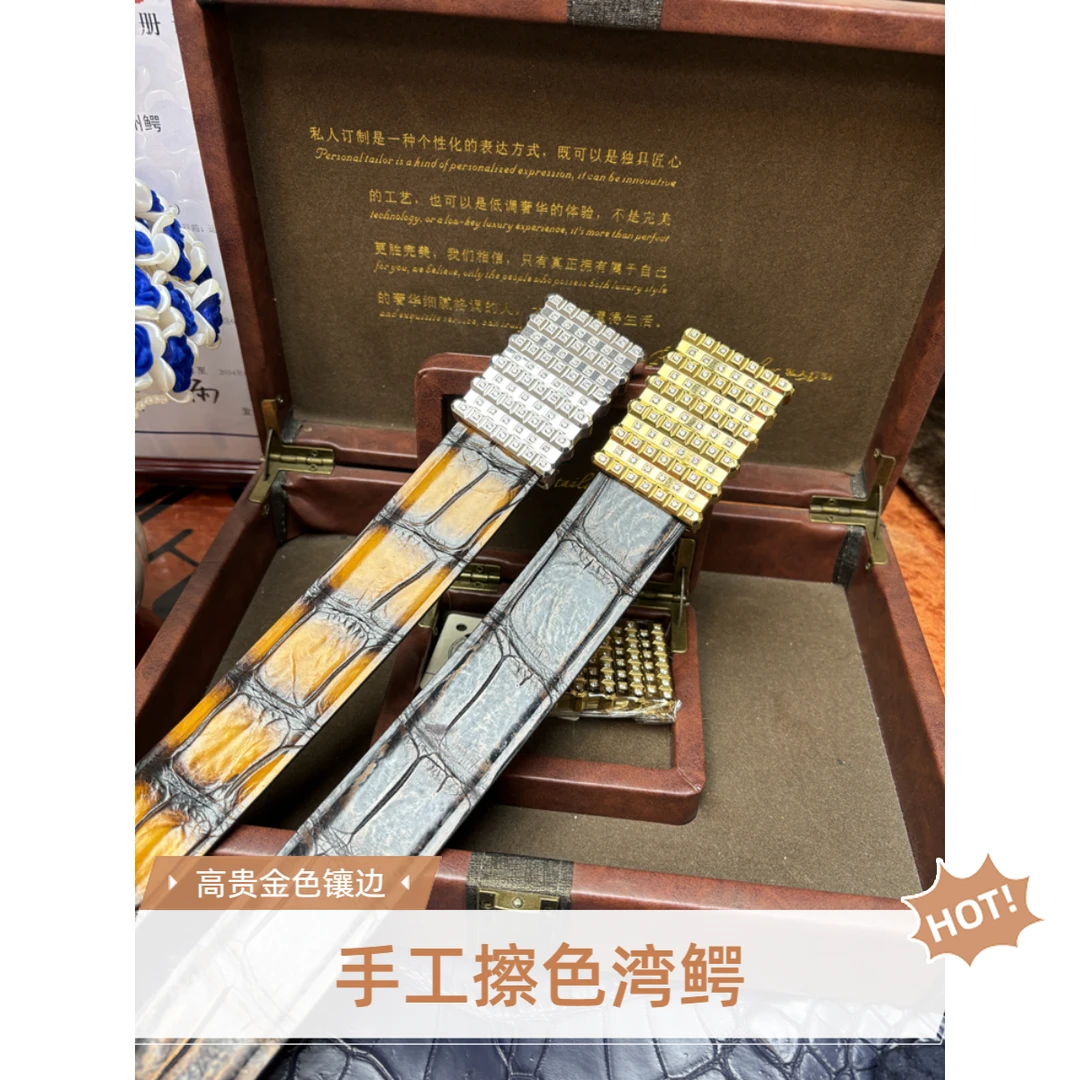 湾鳄真皮腰带手工擦色3.8挂扣高档时尚黑色经典商务平滑扣