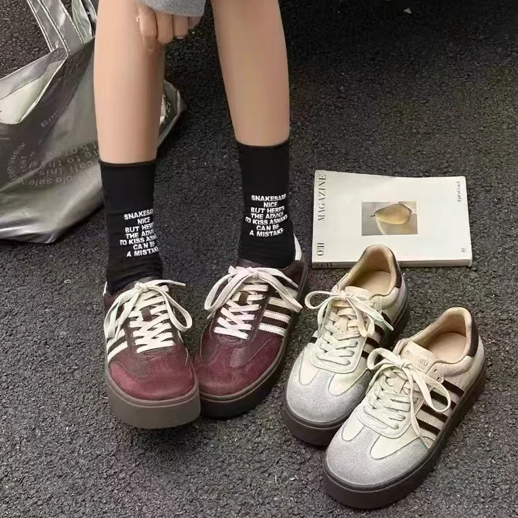 【花胡椒】- 真皮厚底德训鞋女新款拼色百搭系带板鞋女709-13