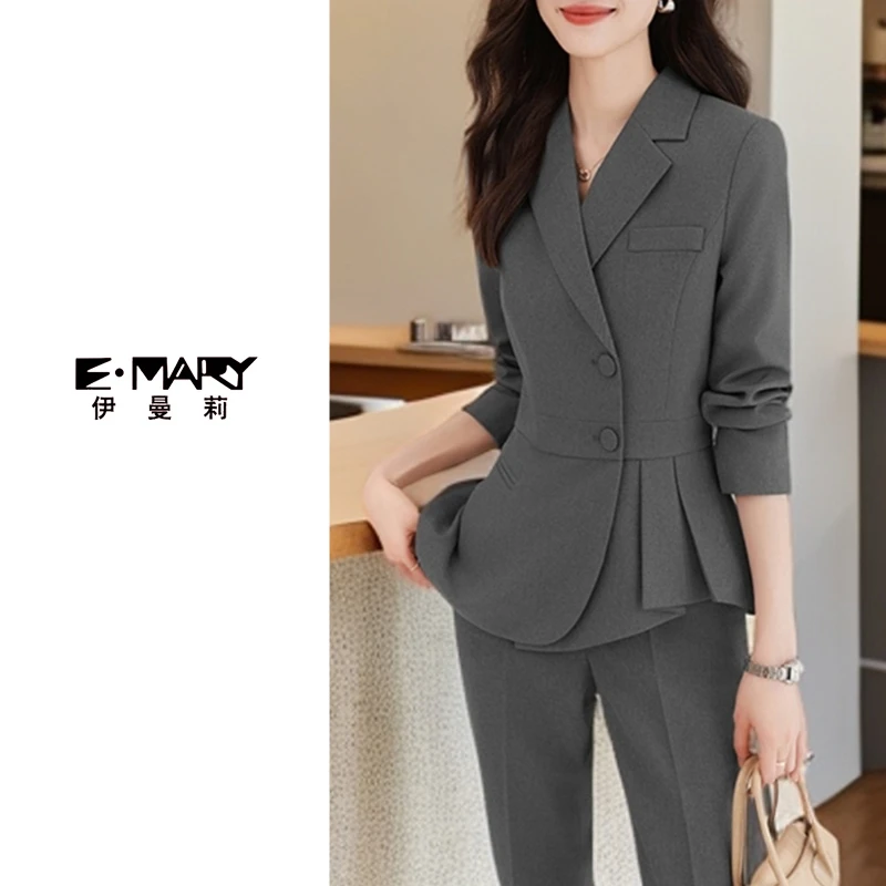 时尚两粒扣轻职套装春季西服长袖风琴折不对称显瘦OL气质套裤