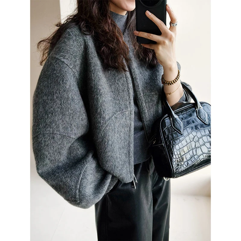 美洋MEIYANG 三体毛呢外套 羊毛混纺_香蕉袖双面呢短款上衣