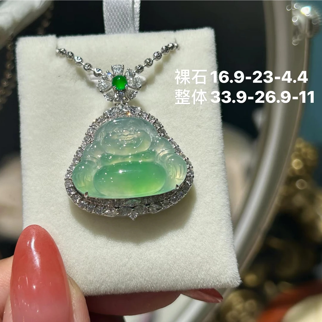 月颜珠宝缅甸天然翡翠18K金镶嵌高冰玻璃底肚里藏金佛公气质冰透