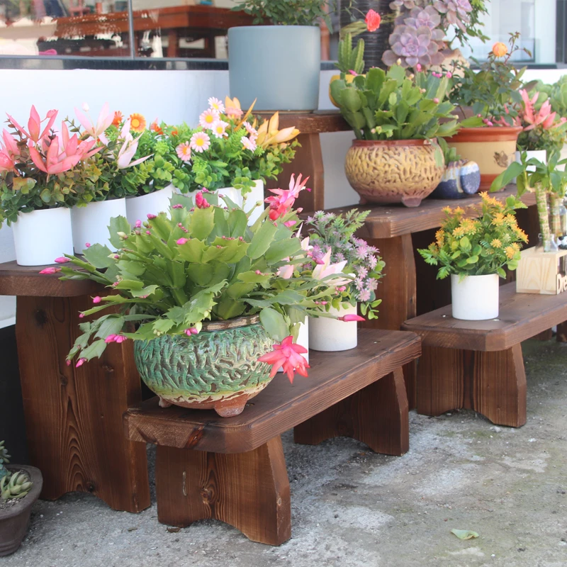 防腐木阳台实木台阶地面脚踏架炭化阶梯式落地板凳多肉花架置物架