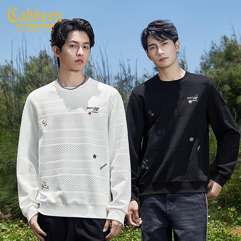 卡宾男装 格子提花卫衣新款字母刺绣套头休闲圆领长袖3243164024