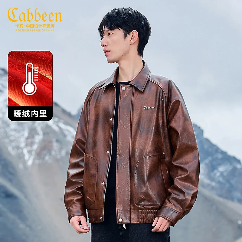 卡宾男装 英文贴布绣夹克秋冬新款复古休闲翻领皮外套3244138025