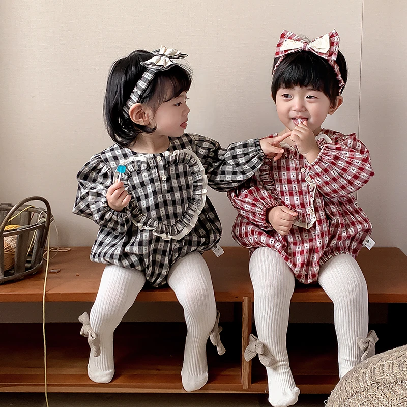 H1168婴儿包屁衣格子棉布哈衣满月百天连衣体秋款女宝宝衣服爬服