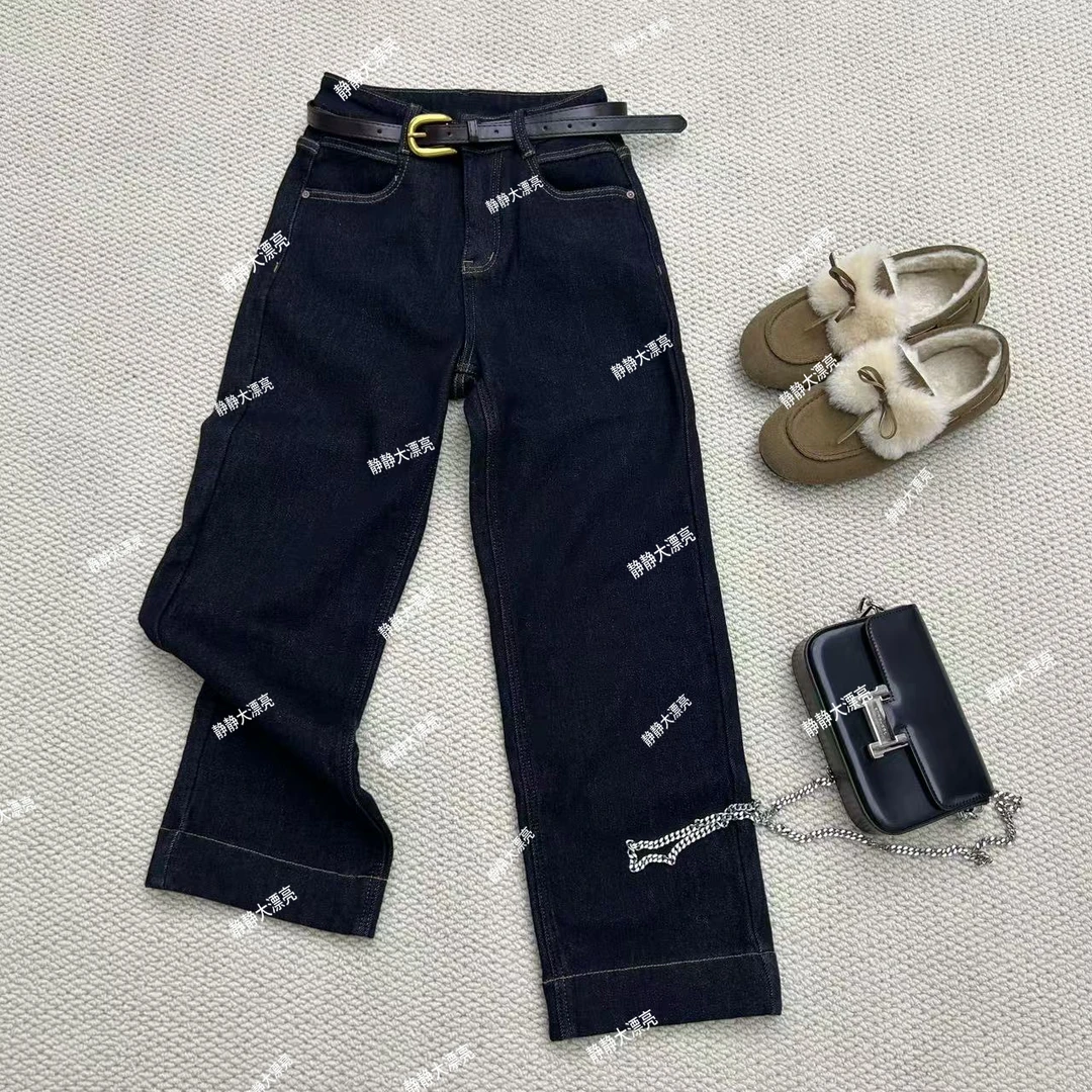静静推荐 新款时尚九分加绒加厚窄版直筒牛仔裤22c008