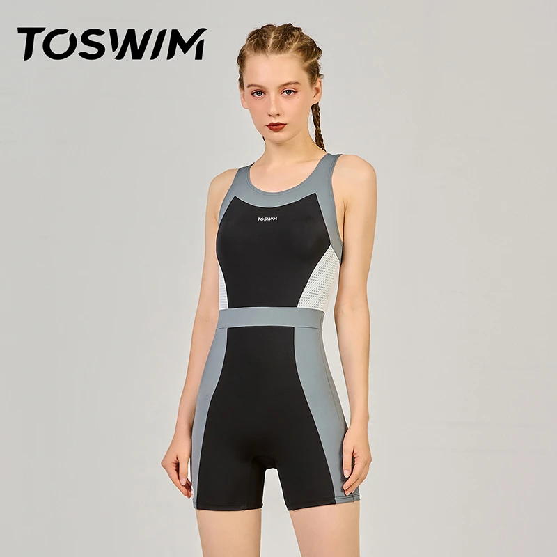 TOSWIM女款运动时尚大码显瘦舒适速干撞色健身休闲经典女士泳衣
