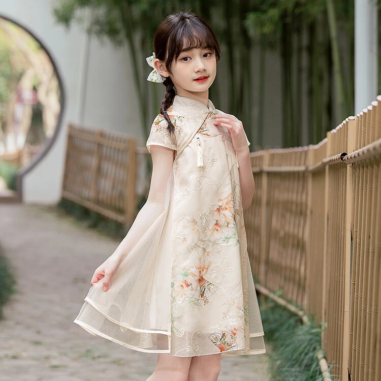 QIAERDE/洽尔德2025夏装新款女宝气质洋气复古国风绣花女童旗袍裙