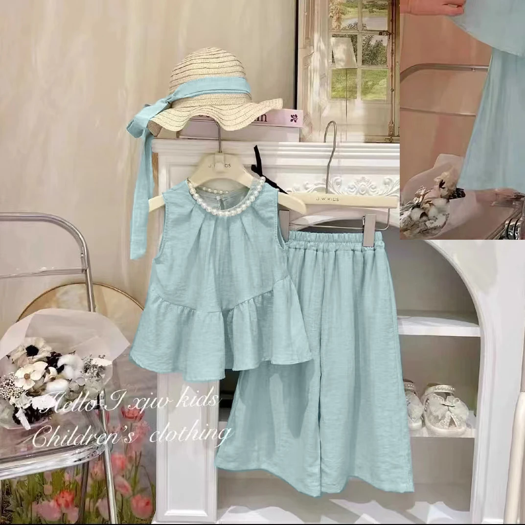 QIAERDE/洽尔德送帽子2025夏季新款女童阔腿裤套装短袖七分裤网红