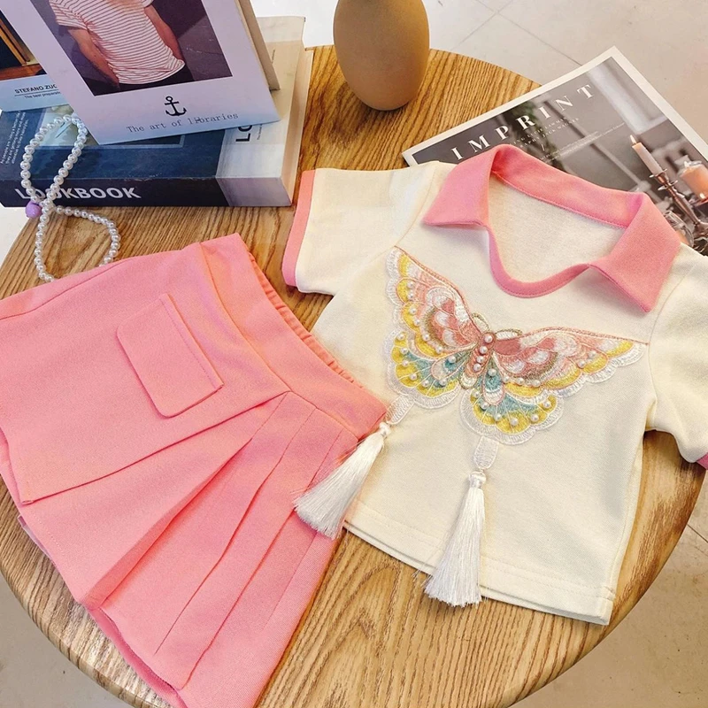 QIAERDE/洽尔德2024夏季新款女童洋气时尚国风POLO衫短袖短裙套装