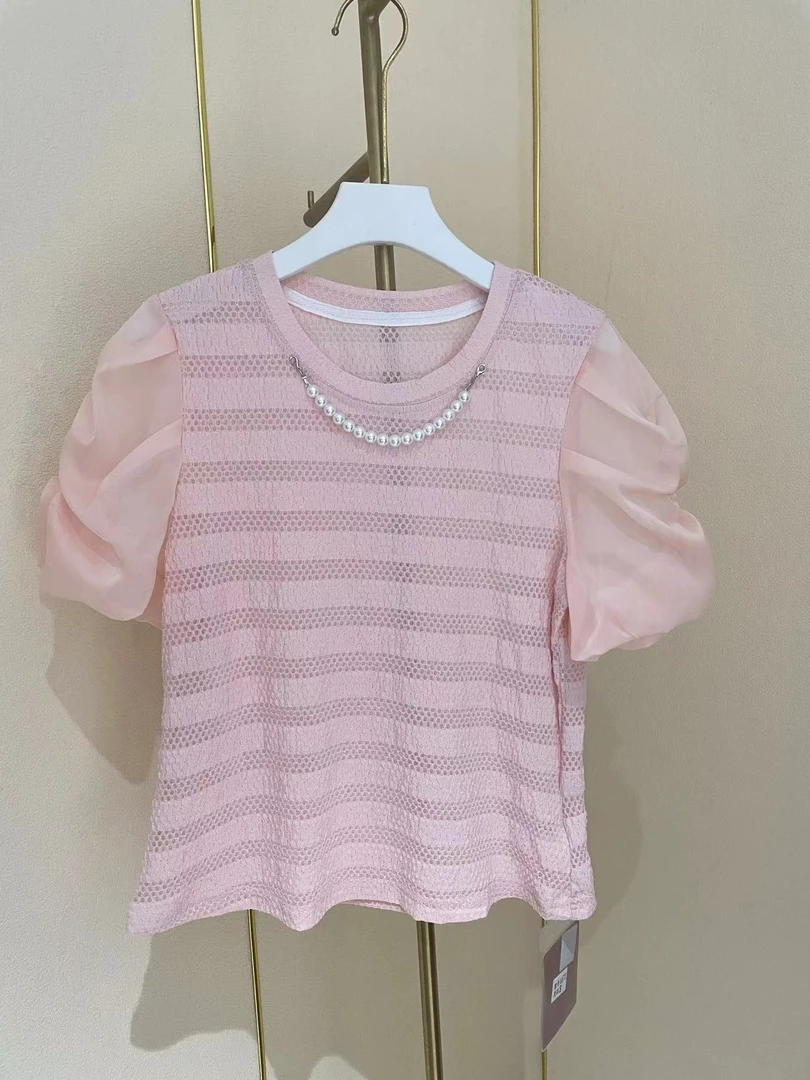 6673#珍珠项链款泡泡袖衬衫上衣短袖女小香风显瘦气质时尚夏季