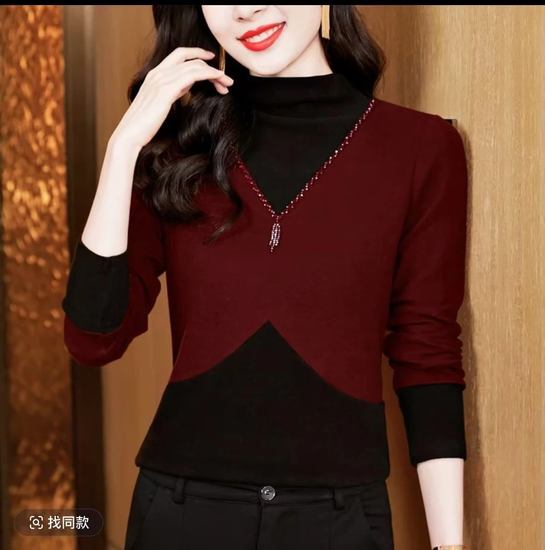 9811#珠子款假两件半高领打底衫女显瘦气质时尚百搭秋冬新款