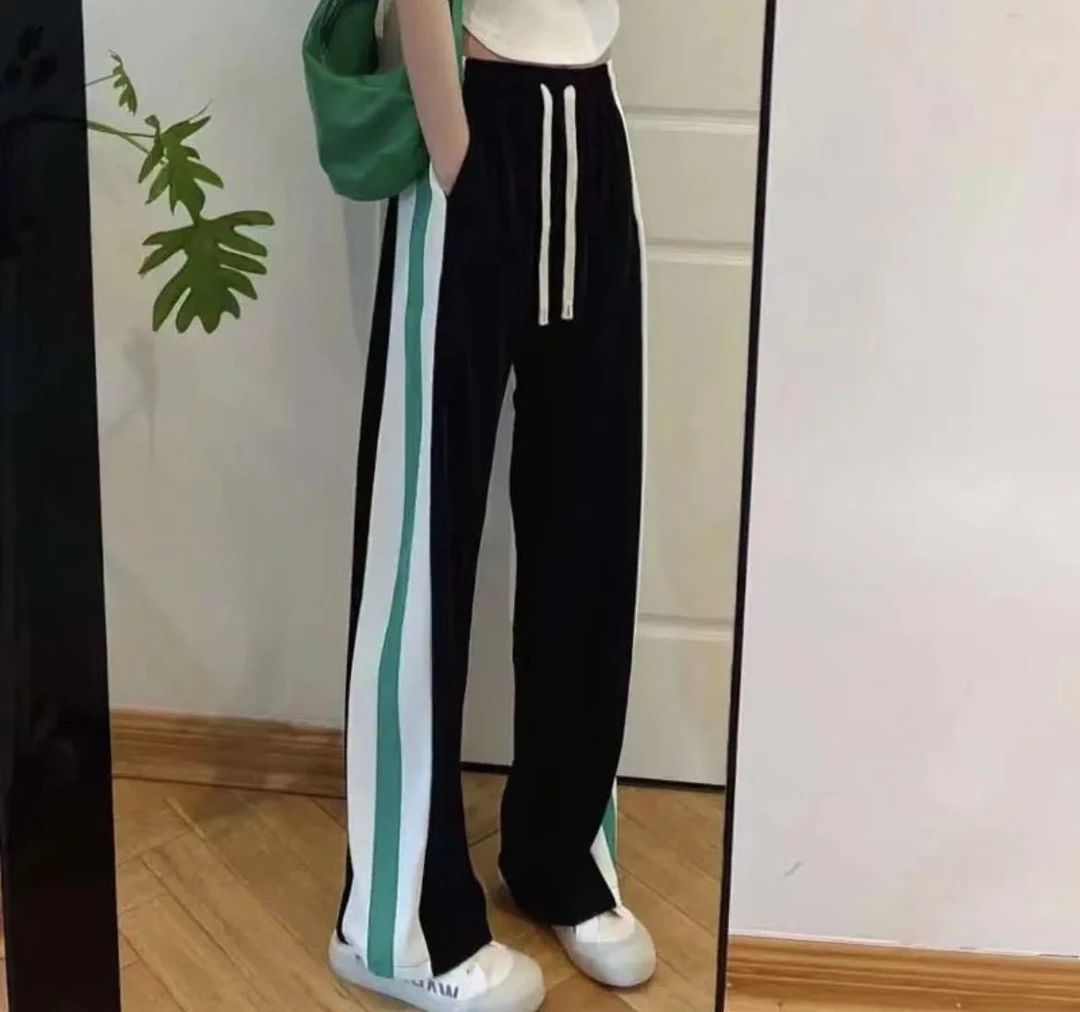 8868#侧边拼色休闲阔腿裤女（微瑕不tui）