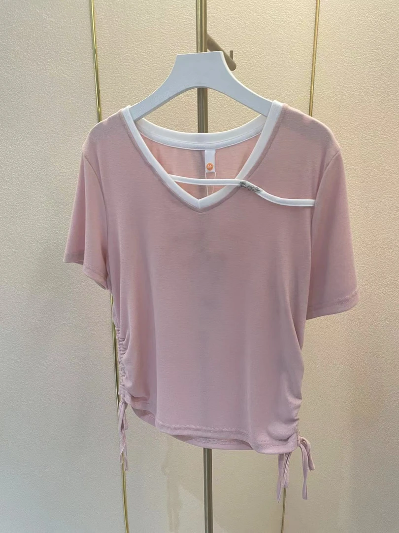 8033#斜线字母款短袖上衣女显瘦气质洋气时尚百搭遮肚夏季新款