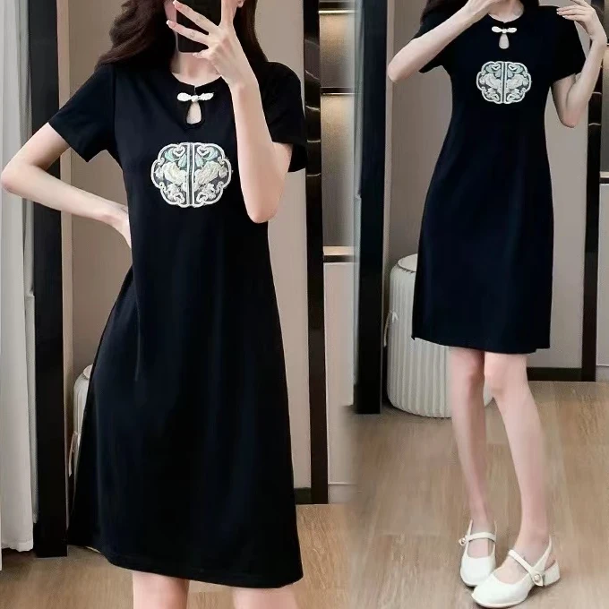 9007#国风休闲短袖连衣裙女显瘦时尚潮流减龄百搭夏季新款