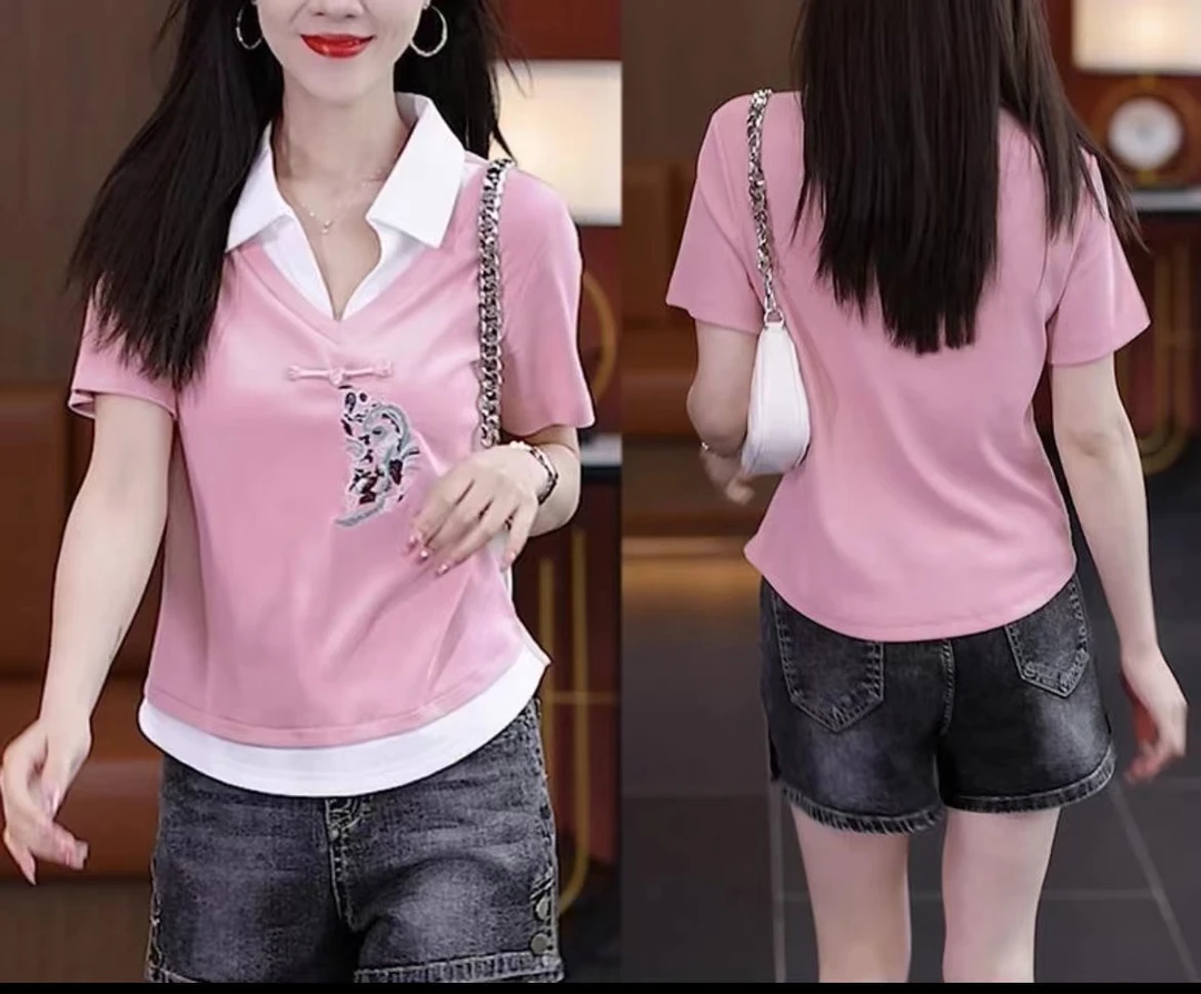 A92#西装领国风短袖上衣女设计感简约百搭时尚休闲洋气夏季显瘦